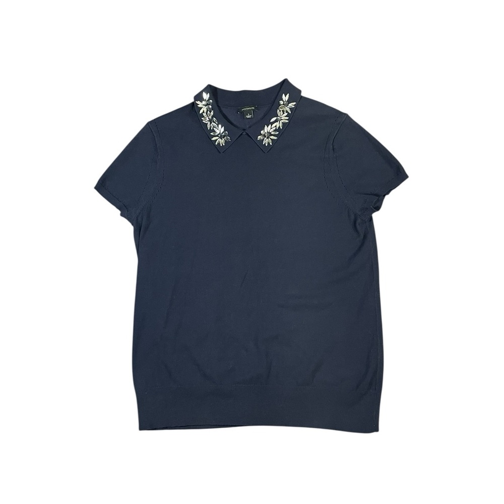 Navy Blue Ann Taylor short sleeve sweater with Rhinestone Collar. Size Large